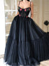 Black Tulle Floral Appliques Spaghetti Strap A Line Prom Dresses LBQ1369